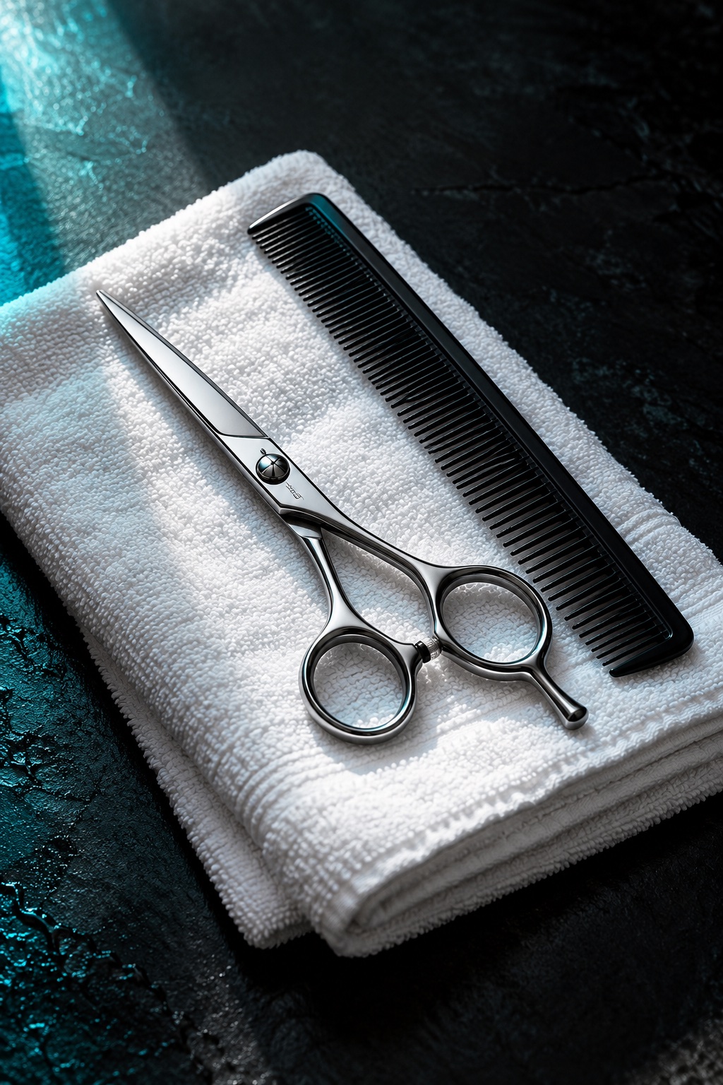 Illustrative barber scissors and comb on a white towel